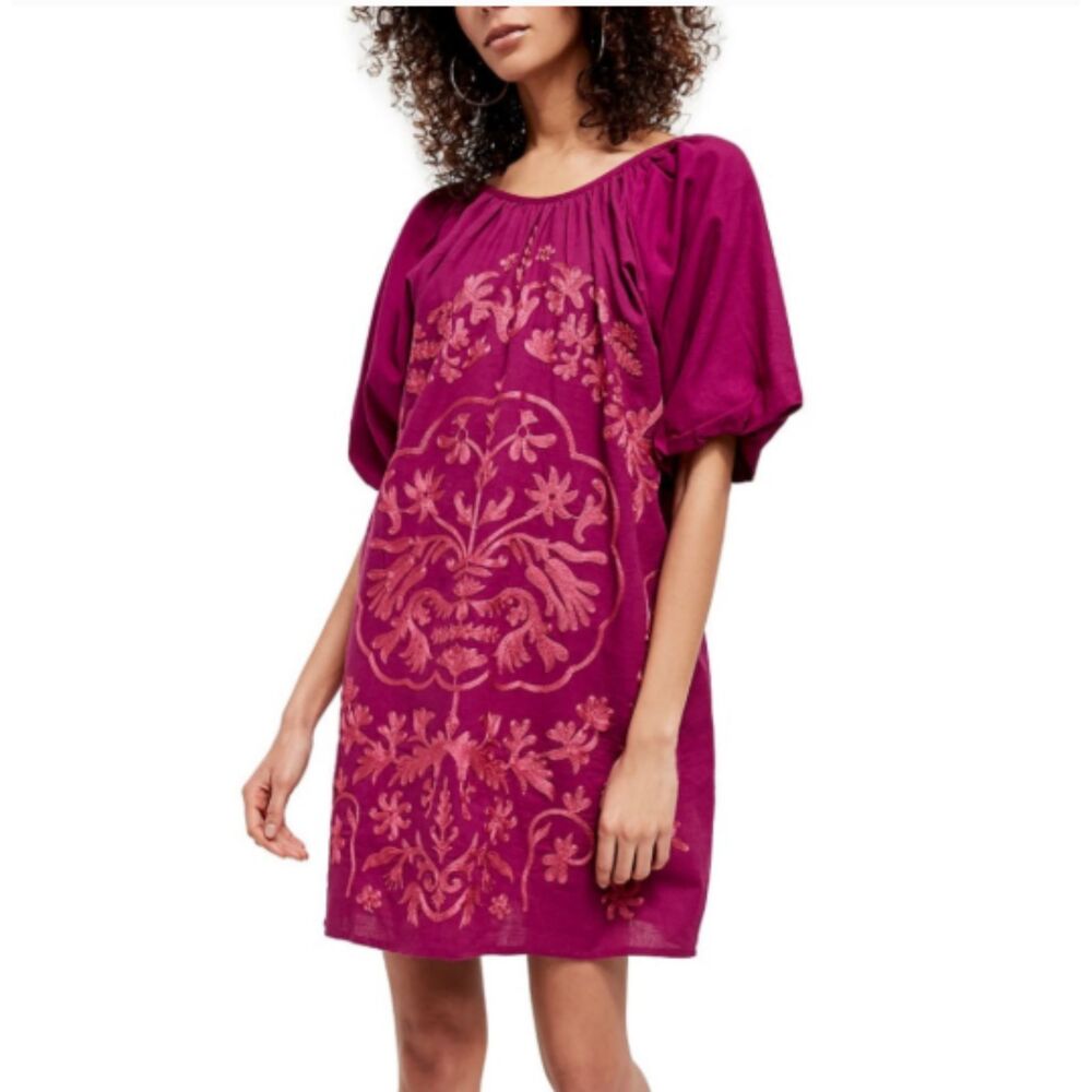 Free People Fiona Embroidered Cotton Puff Sleeve Babydoll Mini Dress Magenta L